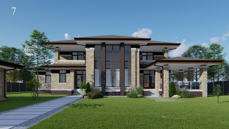 Въездная группа в коттеджный поселок в стиле Райт