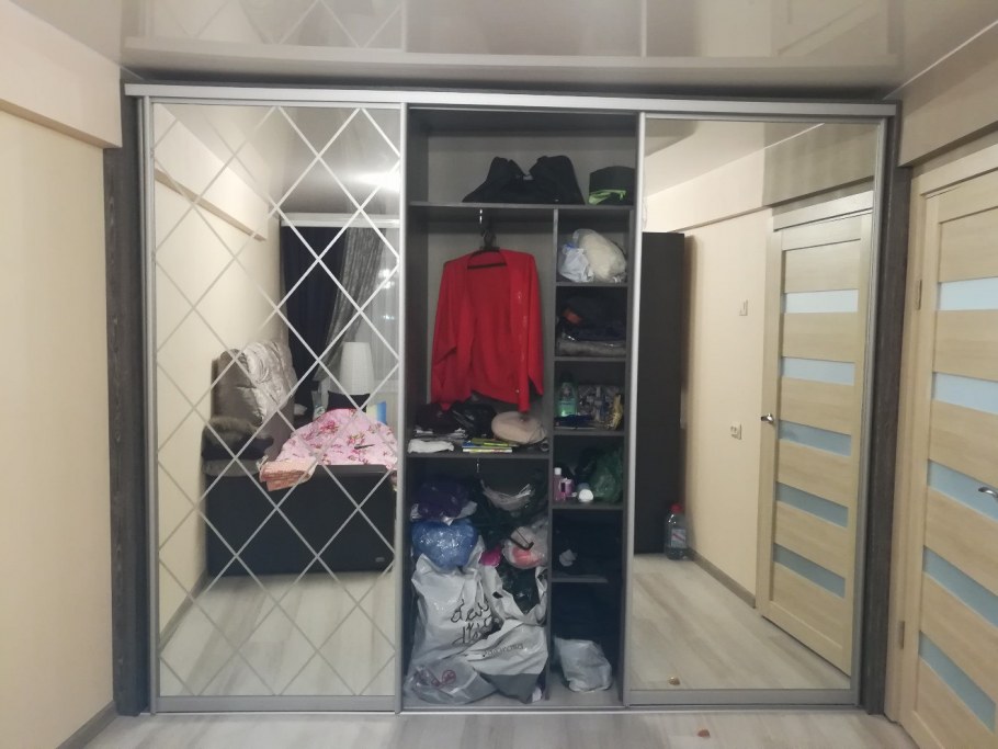 Встроенный шкаф в зале с зеркалами