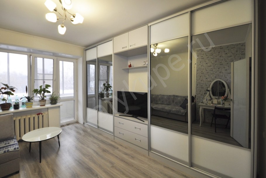 Зеркальный шкаф в гостиную во всю стену