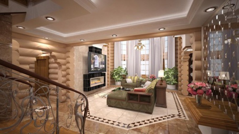 Холл с гостиной в частном доме