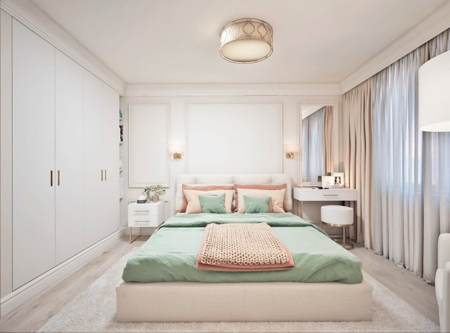 Белая кровать в интерьере спальни