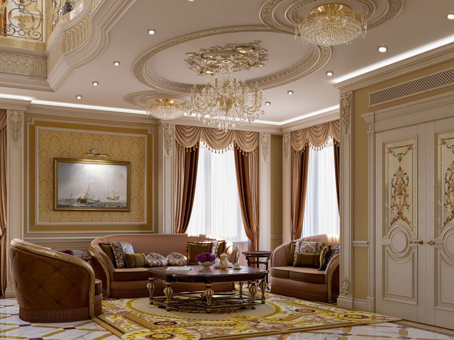 Зал в частном доме дизайн фото в классическом стиле