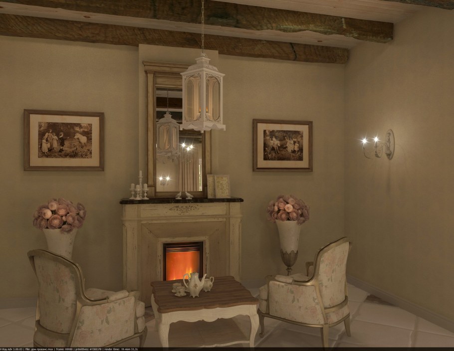 Гостиная с камином в центре в стиле Прованс