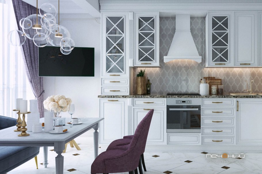 Кухня арт деко белая с серой патиной