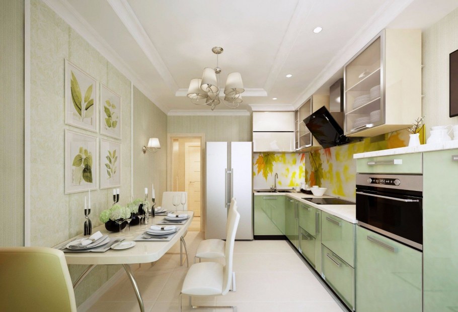 Интерьер длинной кухни