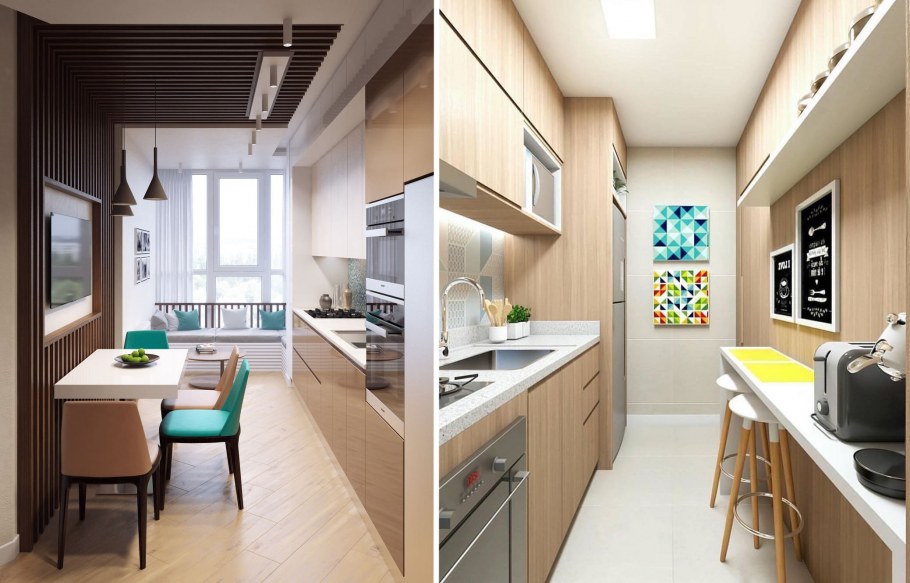 Интерьер длинной кухни