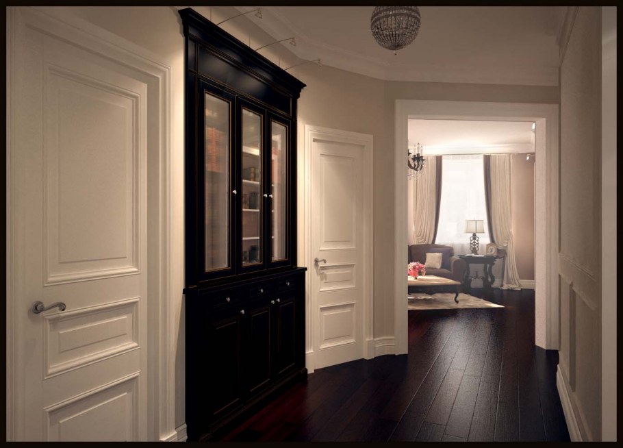 Белые двери и темная мебель в интерьере