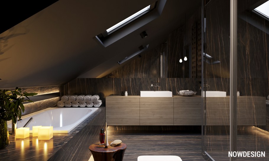 Интерьер ванной в мансардном этаже