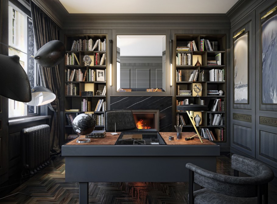 Библиотека с камином в интерьере