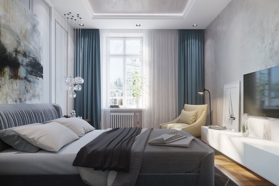 Спальня в современном стиле в холодных тонах