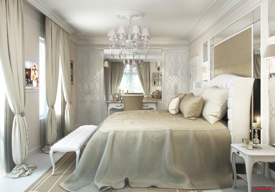 Спальня в классическом стиле в светлых тонах 12м2