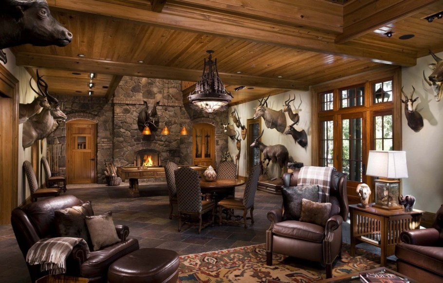 Стиль "охотничий дом" в интерьере гостинной
