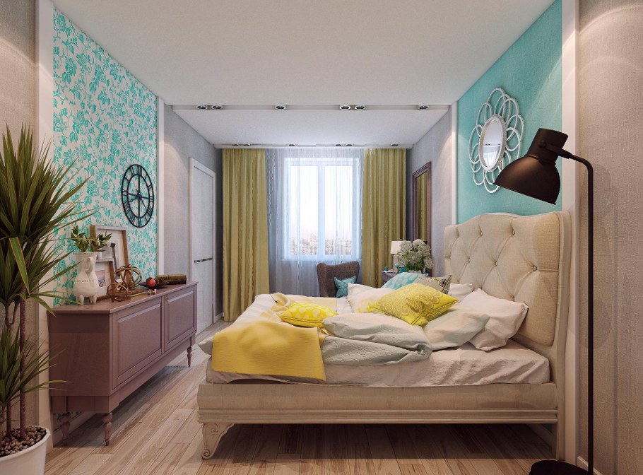Бежевая спальня с яркими акцентами