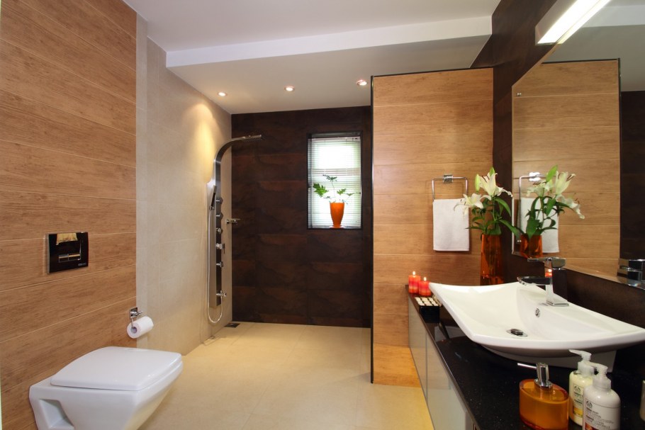 Современная ванная с деревом