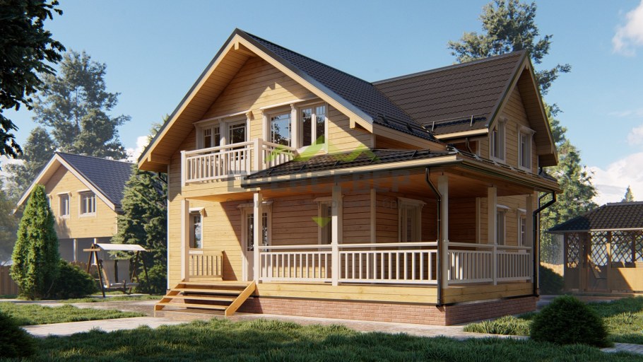 Деревянный дом с балконом и террасой