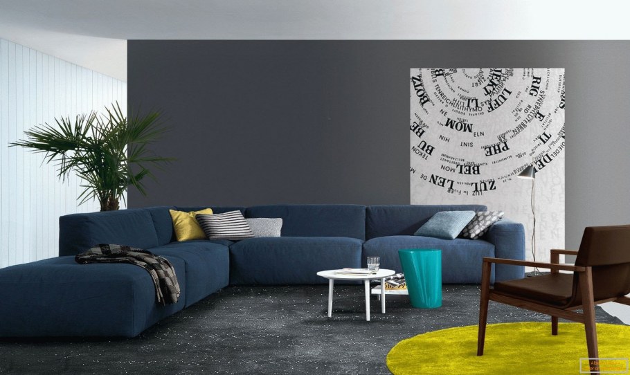 Серо синий диван в интерьере