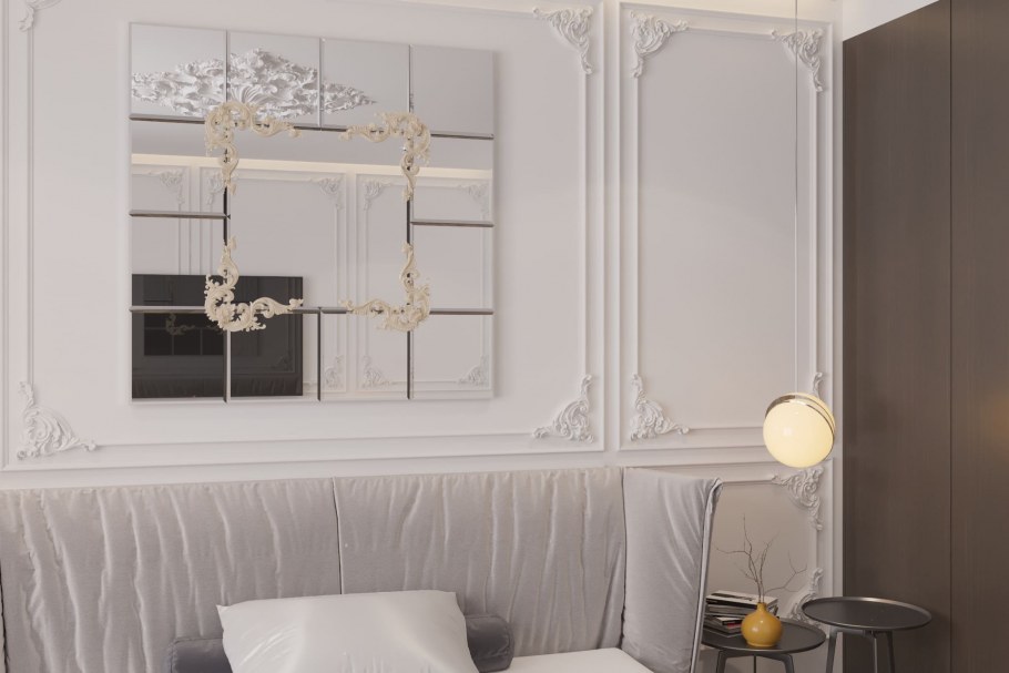 Молдинги на стенах в интерьере спальни