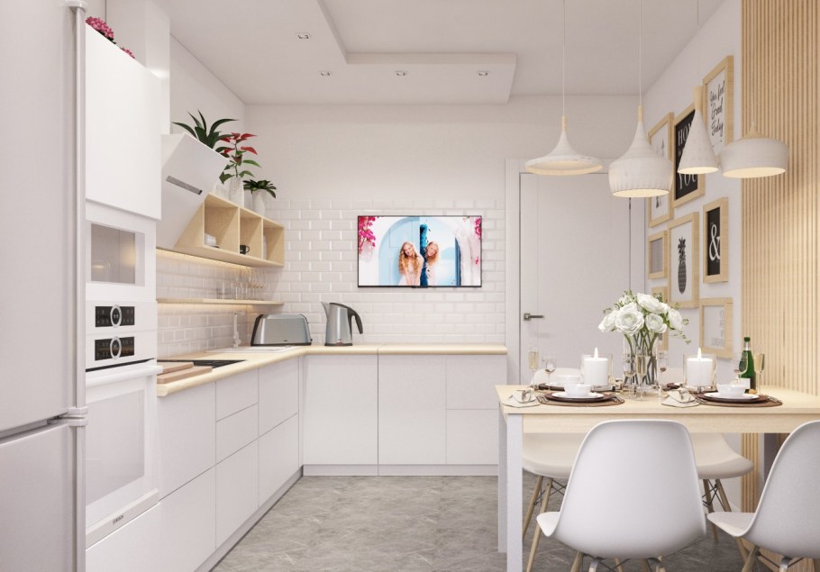 Интерьер белой кухни 12 кв м