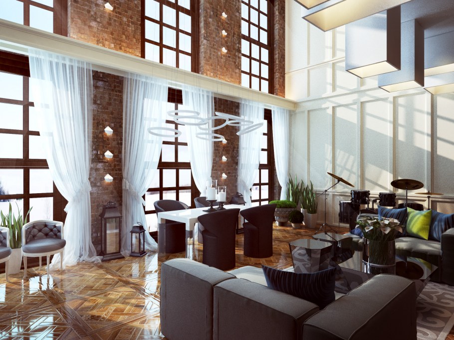 Интерьер гостиной в стиле лофт со вторым светом