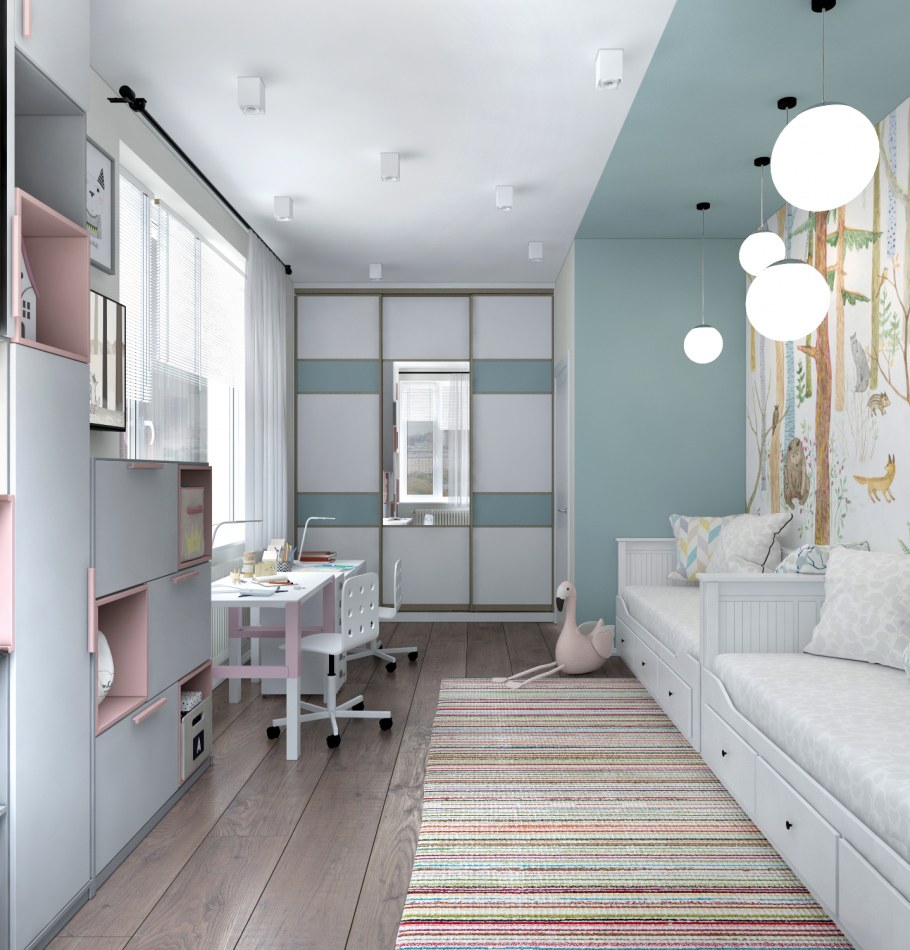 Узкая длинная детская комната для двоих