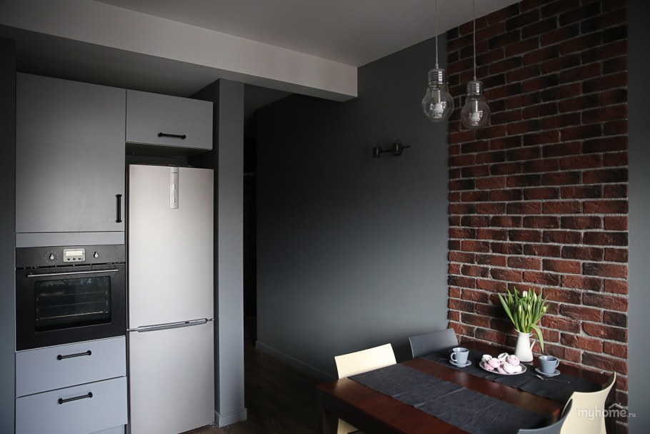 Серый кирпич на кухне