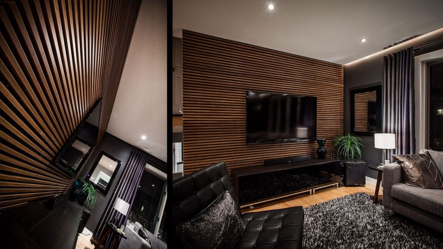 Деревянные 3д панели в интерьере гостиной