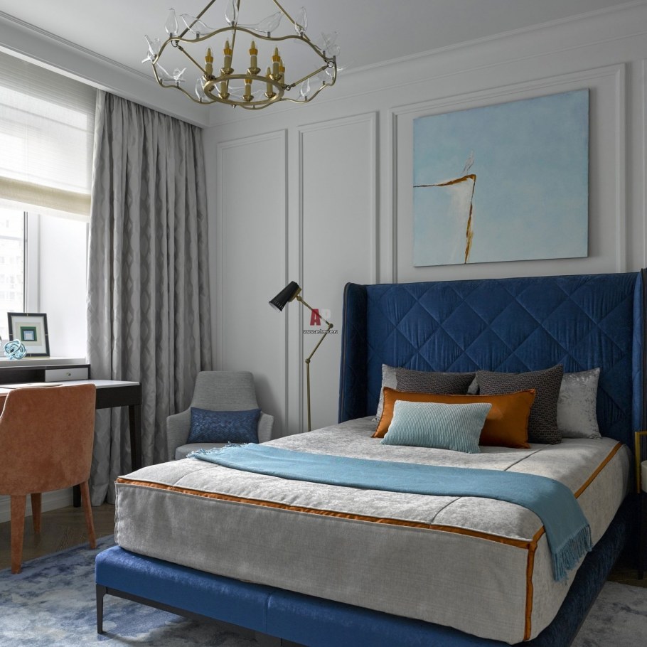 Синяя кровать в интерьере