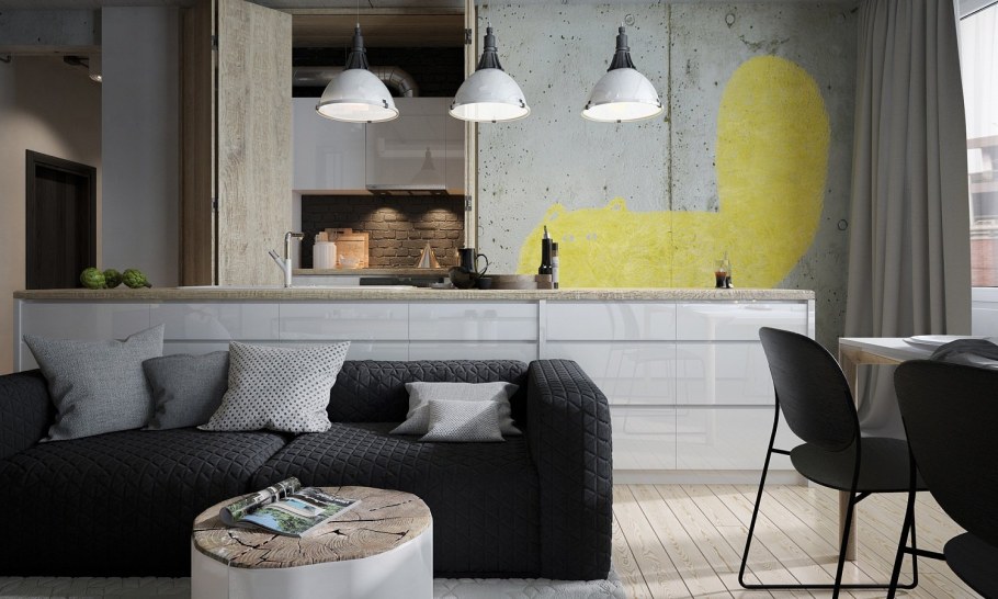 Кухня с бетонными стенами