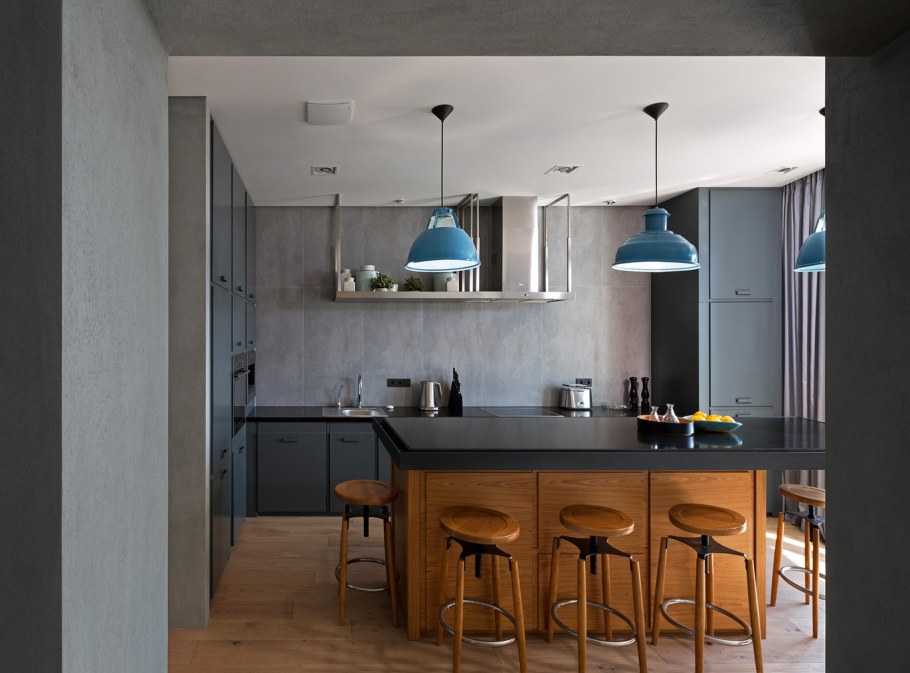 Кухня 12 метров в стиле лофт бетонные стены