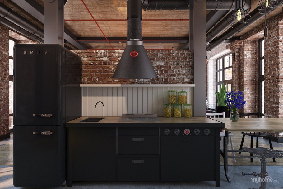 Холодильник Смег черный в интерьере