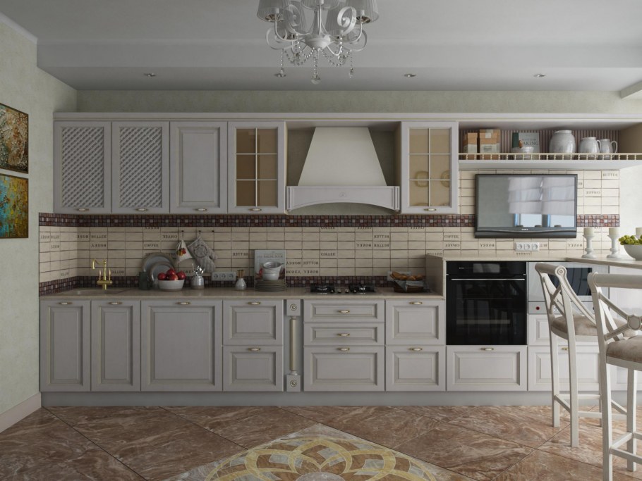 Кухня с барной стойкой вдоль стены