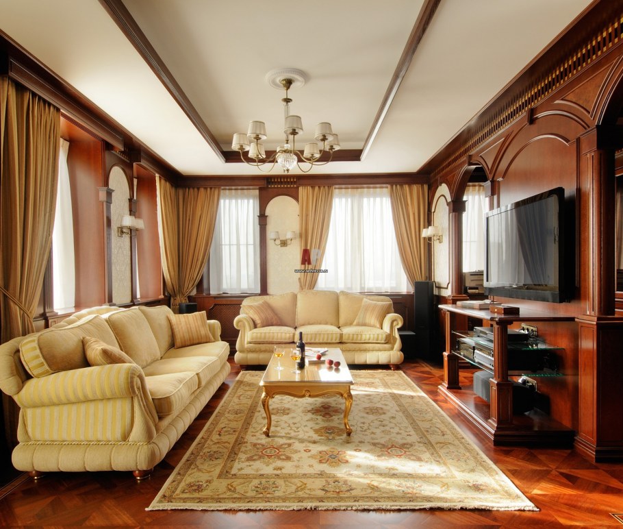 Интерьер большой гостиной в классическом стиле