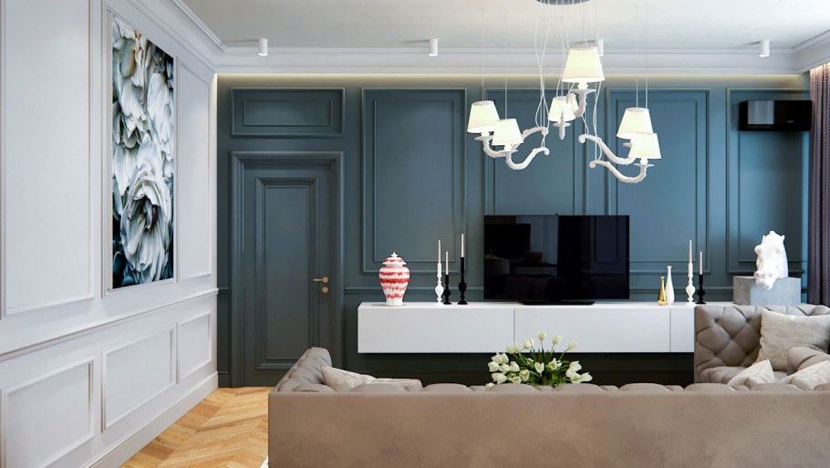 Каминная зона с кожаной мебелью в гостиной в классическом стиле