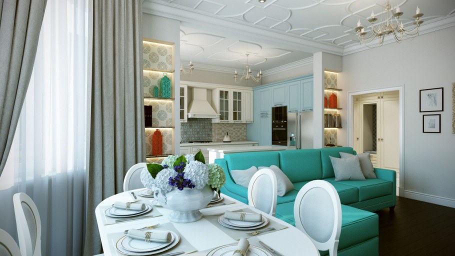Бело бирюзовая кухня гостиная
