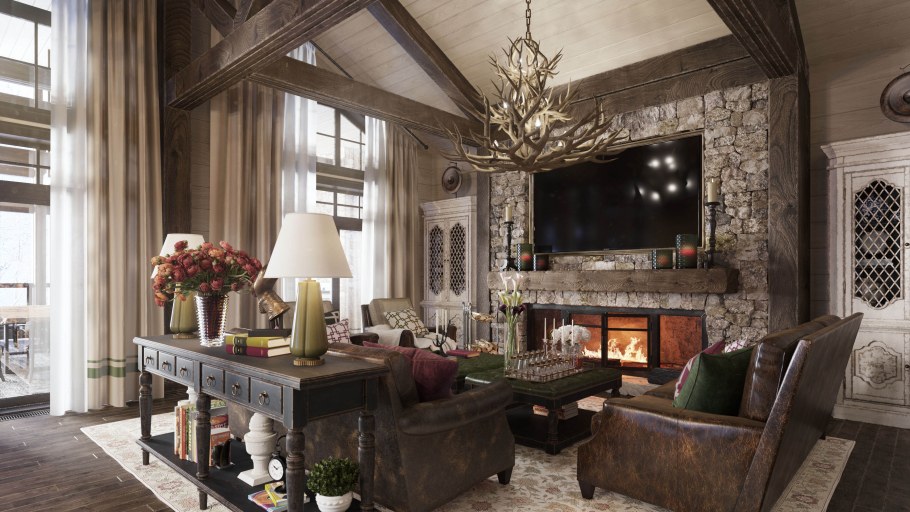 Гостиная с камином в деревянном доме