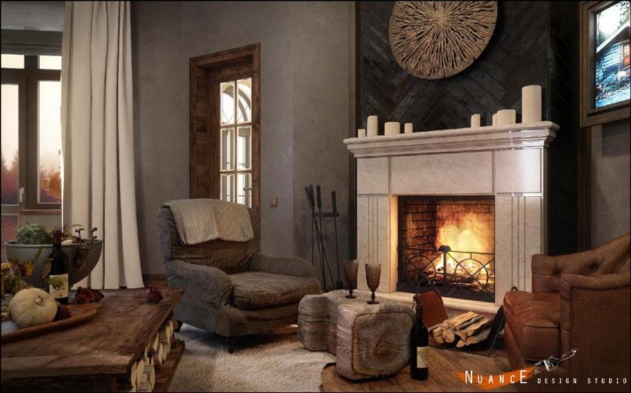 Светлая гостиная с камином