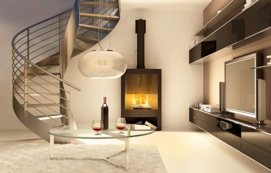 Гостиная с лестницей и камином