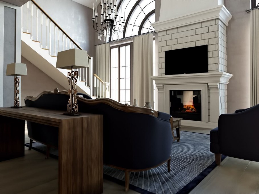 Гостиная со вторым светом и камином