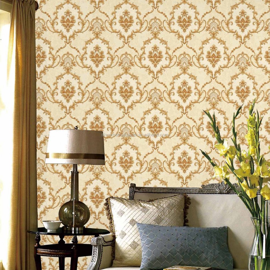 Обои Дамаск серые в интерьере