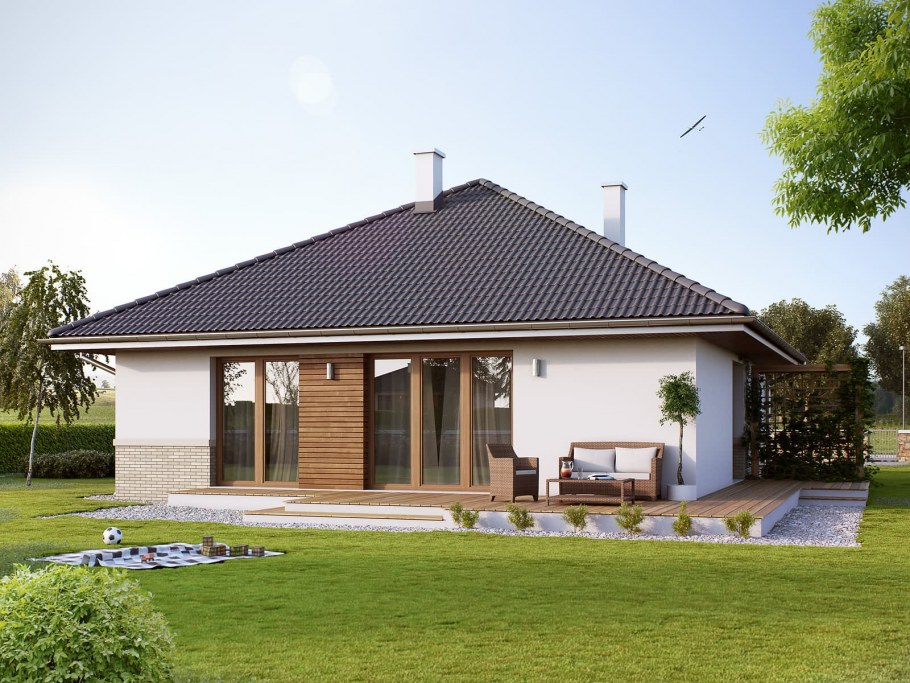 Фасад одноэтажного дома с террасой