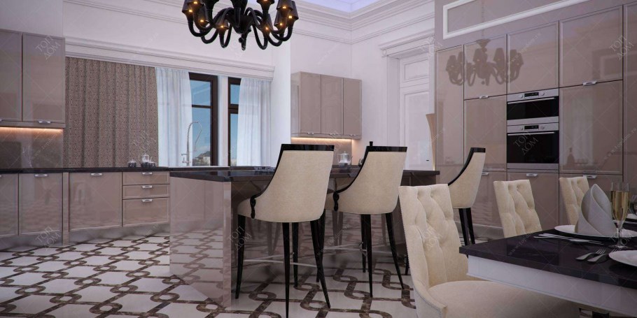 Глянцевая кухня в интерьере Неоклассика
