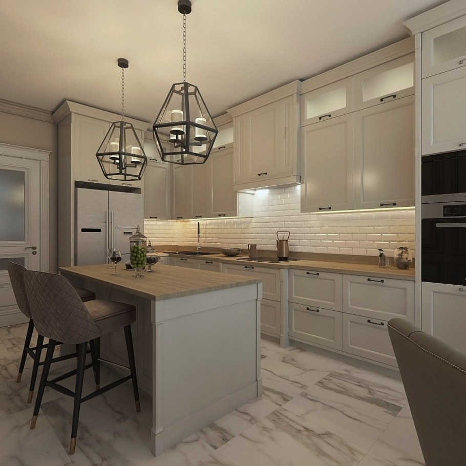 Серая кухня с бежевой столешницей