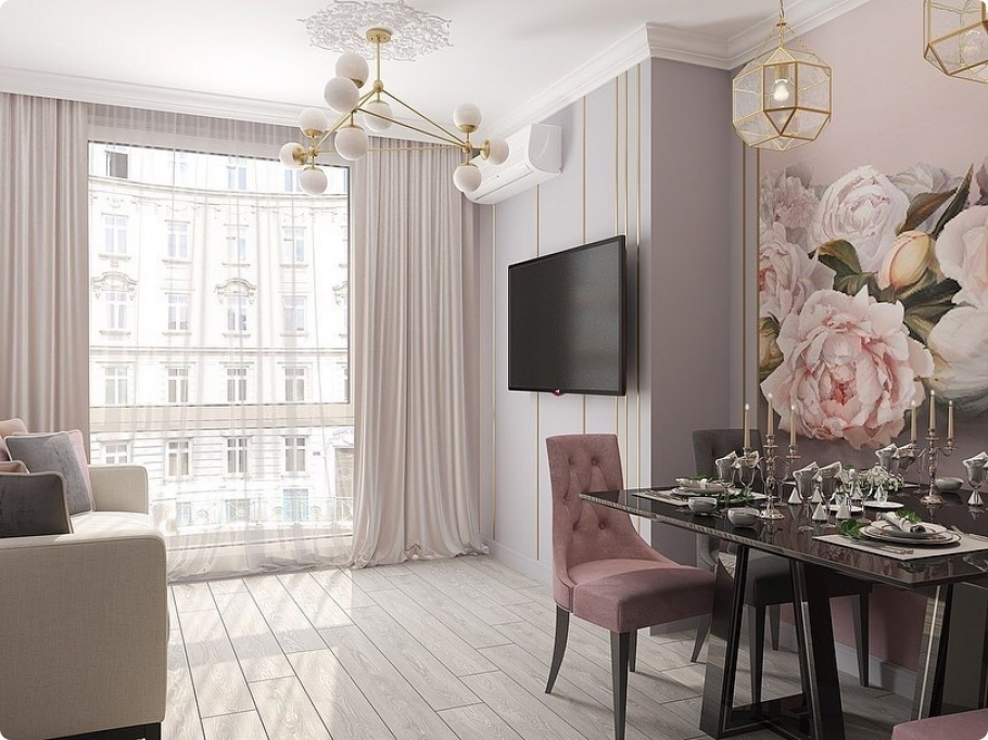 Кухня-гостиная цвета пыльной розы