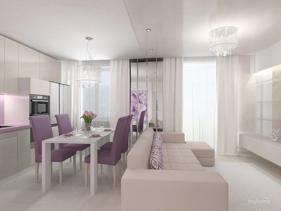 Кухня гостиная в серо сиреневых тонах