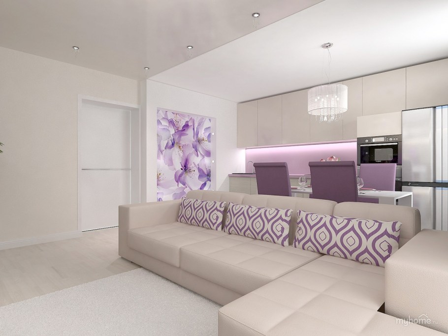 Бело сиреневая кухня гостиная