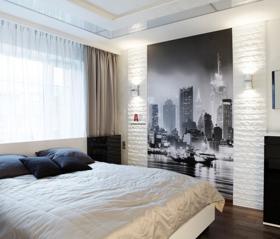 Интерьер спальни в современном стиле с фотообоями и шторами