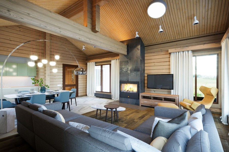 Гостиная без потолка загородный дом