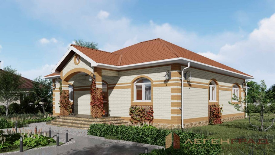 Одноэтажный дом в русском стиле из кирпича