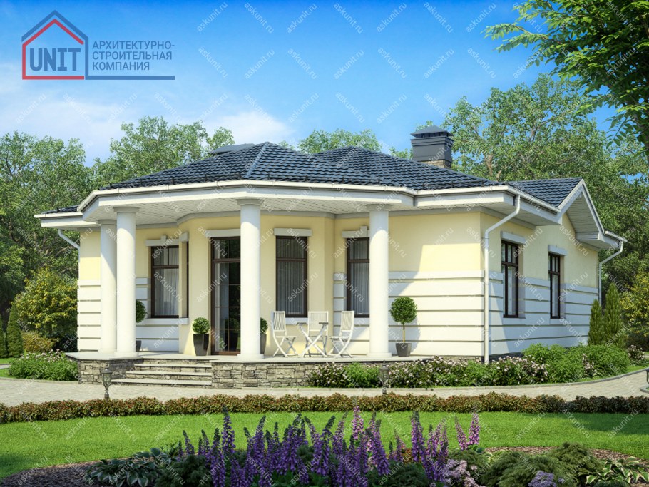 Одноэтажный дом с эркером в классическом стиле