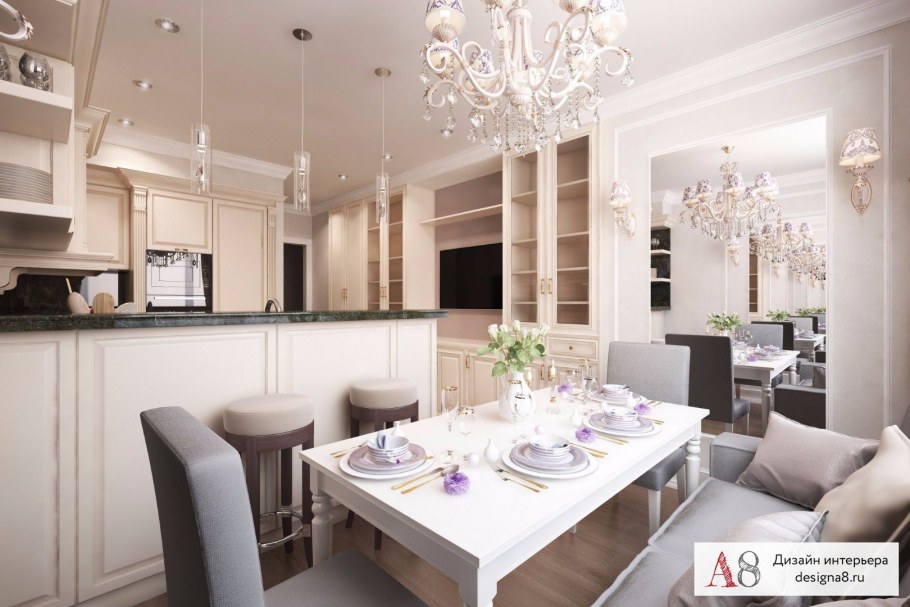 Интерьер кухни гостиной в светлых тонах
